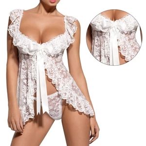 Women  Sexy Lingerie Naughty Lace Sleepwear Nightwear Set  BodysuitCorset+String